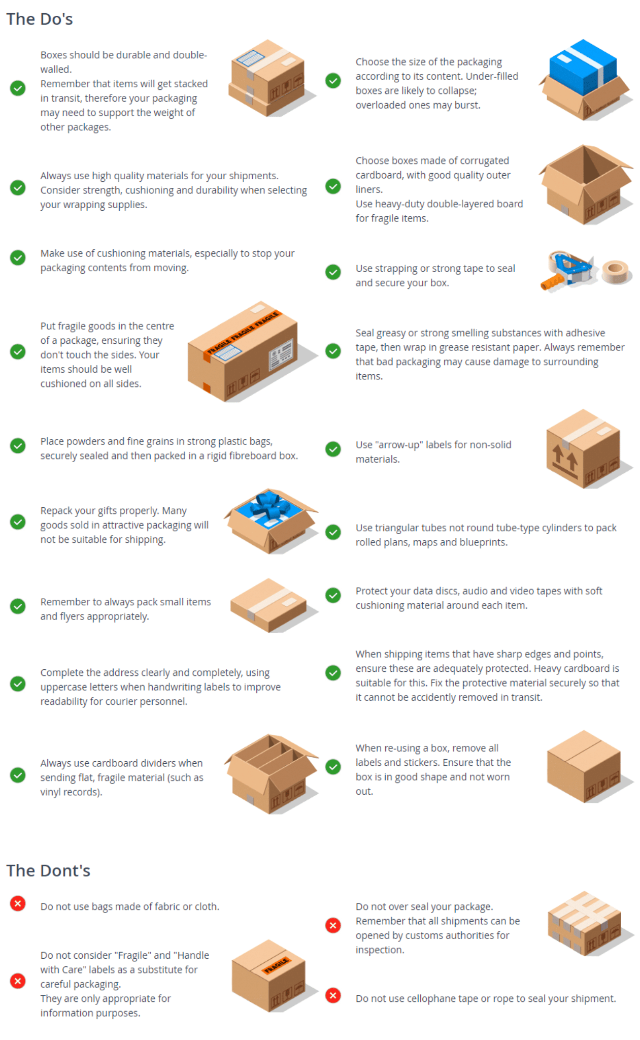 table of how to pack a carboard box.